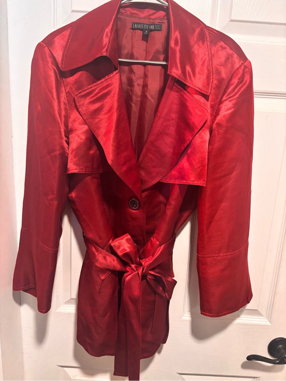 Lafayette 148 New York Shiny Red Tie-Waist Trench Coat
